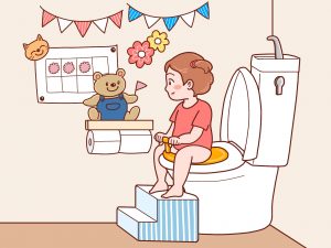 かわいいインテリアのトイレに座る女の子のイラスト