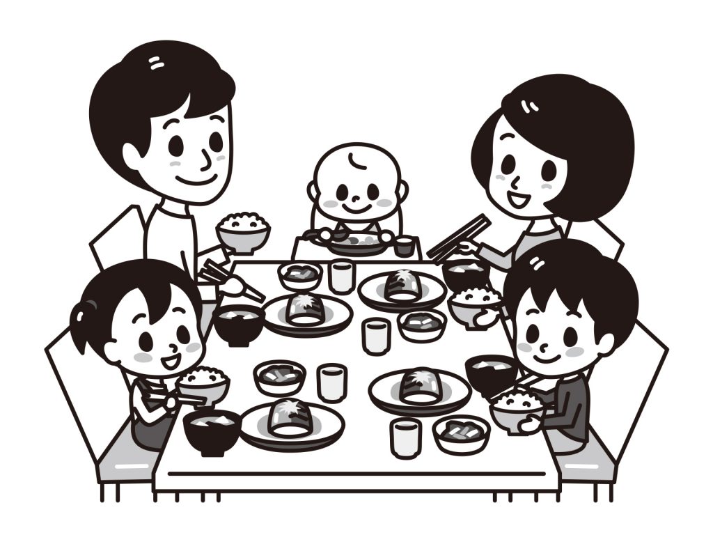 食事をしながら団らんを楽しむ家族イラスト